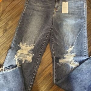 Judy Blue Distressed Straight Leg Jeans - Dark Blue